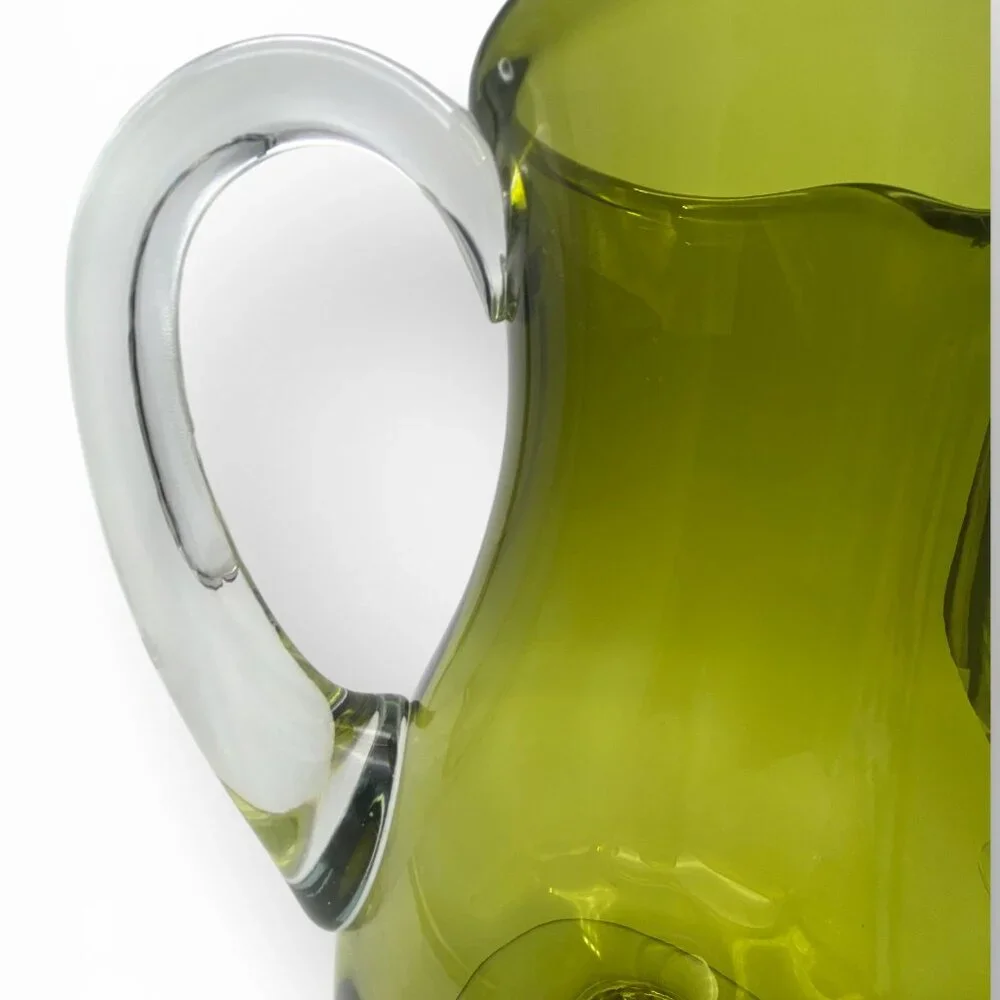 Vintage Avocado Green Art Glass Pitcher Pedestal Base Applied Handle MCM - Picture 7 of 11
